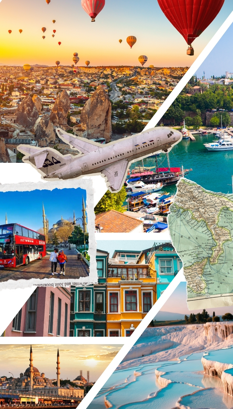 Collage de destinations de voyage en groupe : Cappadoce, Istanbul, mer Noire, GAP, Bosnie et Égypte, proposé par Anatolie Voyages depuis Mulhouse